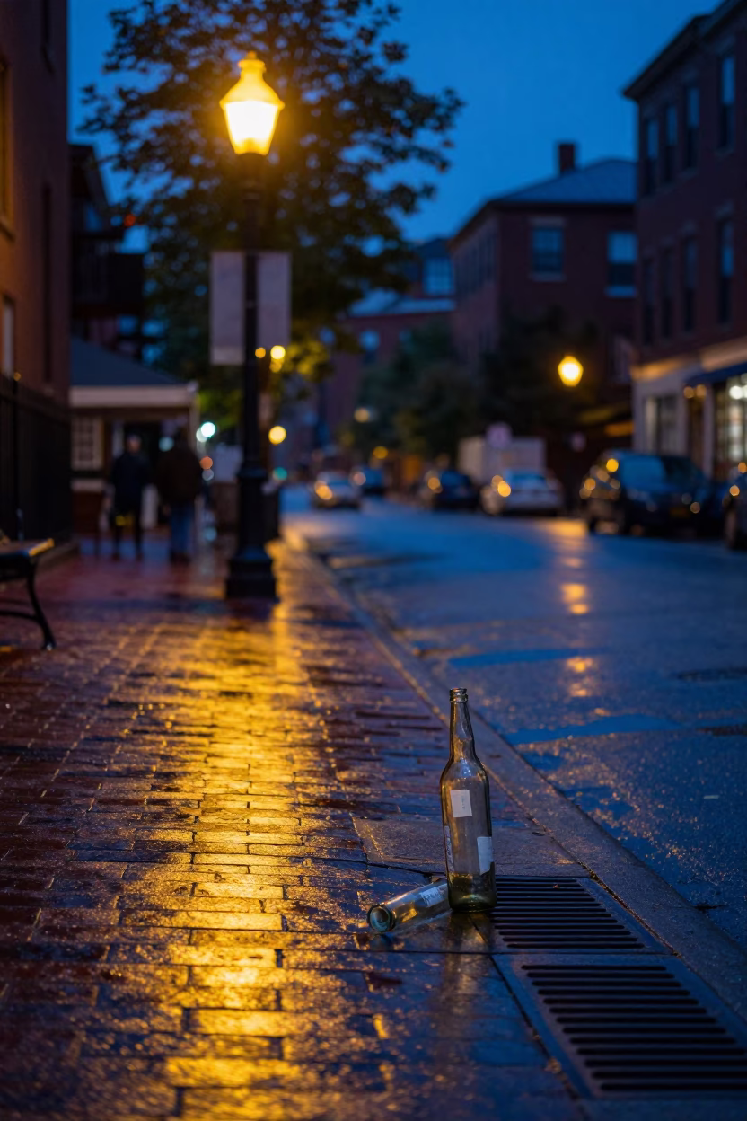 Predawn Boston Street Scene with Glass Bottle and Market Activity in in Boston, Massachusetts, United States