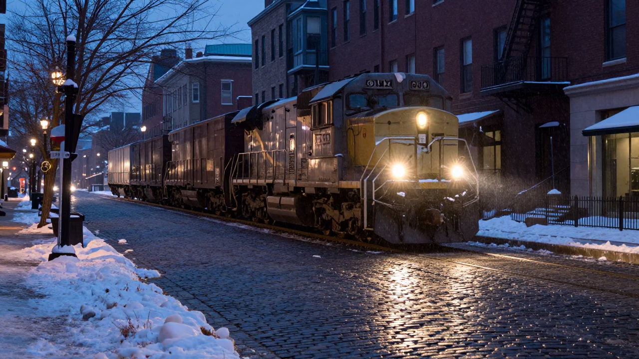 Predawn Boston Street Scene with Locomotive Freight Train Passing Through Urban Snow in in Boston, Massachusetts, United States