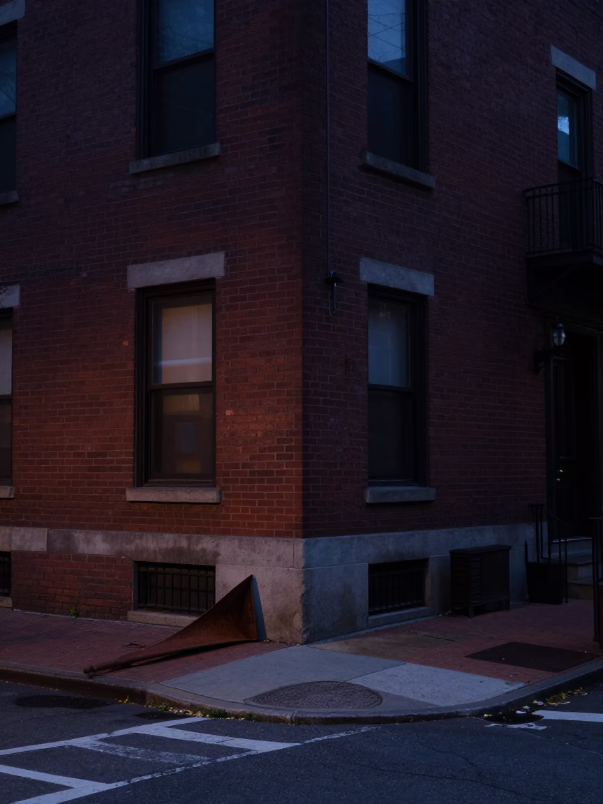 Predawn Boston Street Scene with Rusty Boot Scraper and Pears on Table in in Boston, Massachusetts, United States