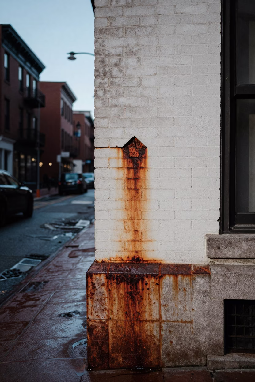 Predawn Boston Street Scene with Rusty Tile and Condensation in in Boston, Massachusetts, United States