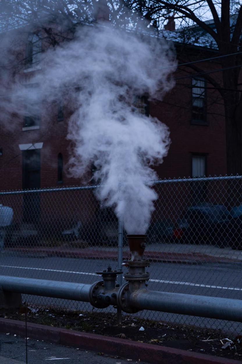 Predawn Boston Street Scene with Steaming District Heating Pipe Behind Frost Coated Fencing in in Boston, Massachusetts, United States