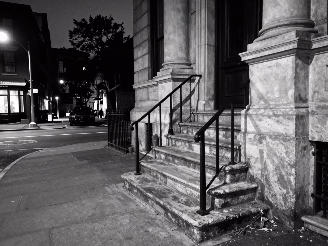 Predawn Boston Street Scene with Stone Stair Rail and Vine in Massachusetts in in Boston, Massachusetts, United States