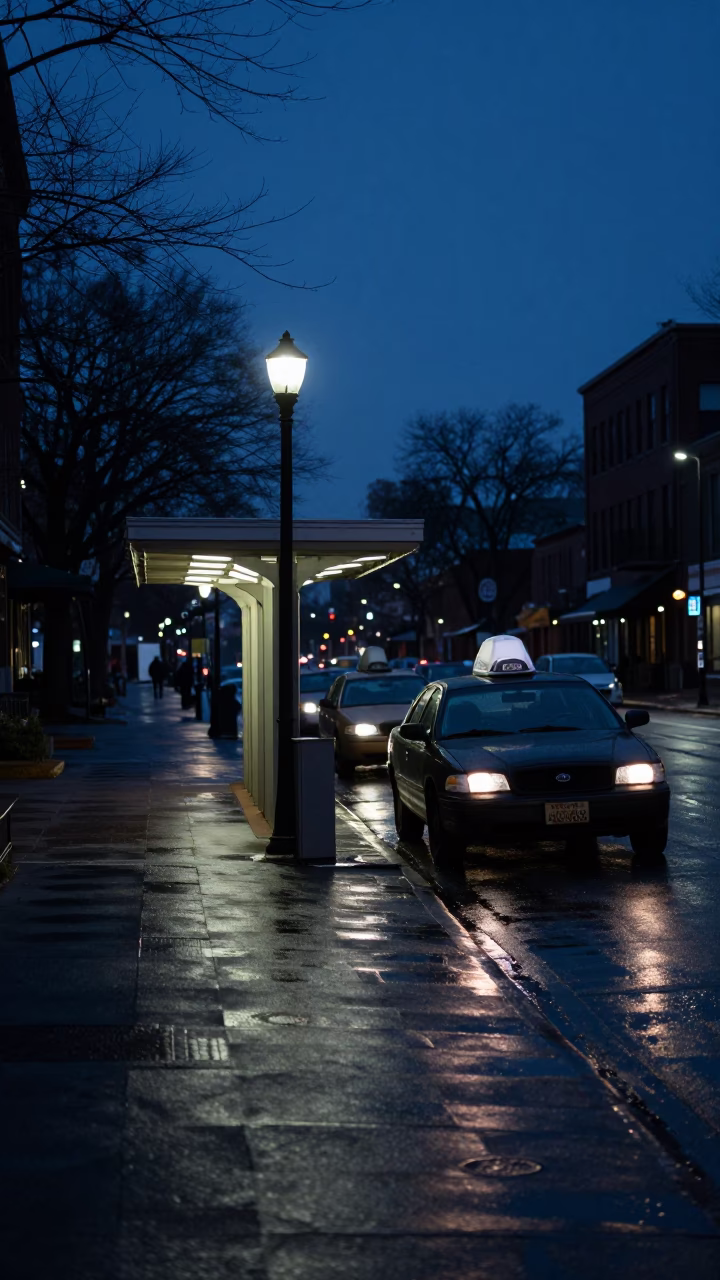 Predawn Boston Street Scene with Taxi Rank and Retired Circus Performer in Apron in in Boston, Massachusetts, United States