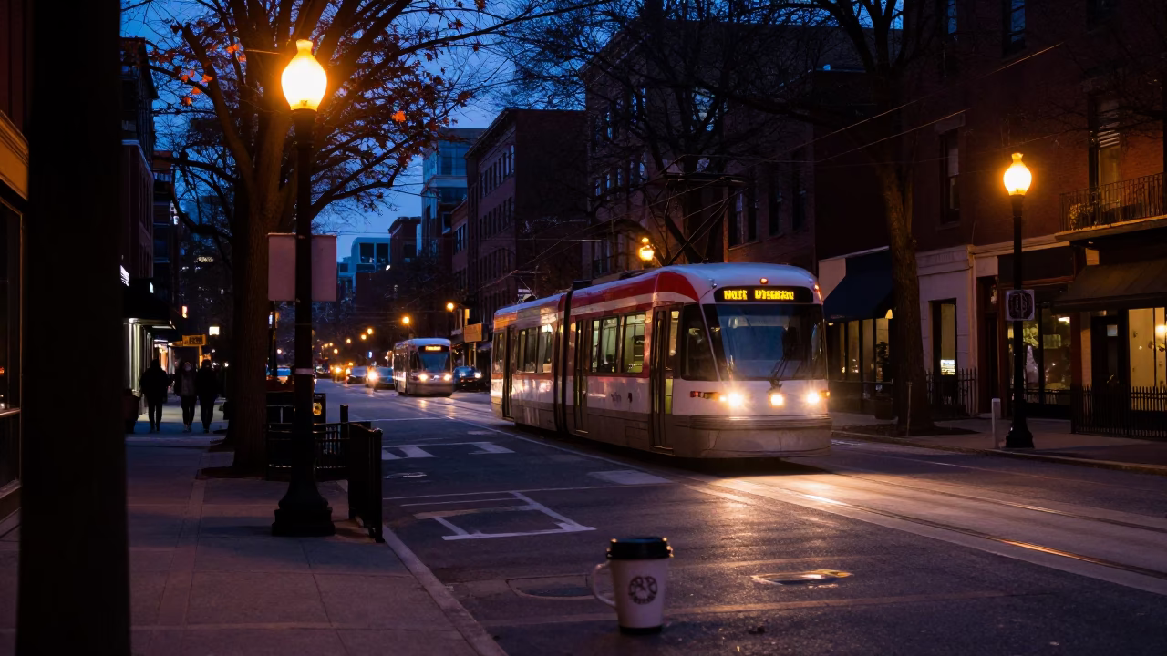 Predawn Boston Street Scene with Tramcar and Coffee Cup in Massachusetts in in Boston, Massachusetts, United States