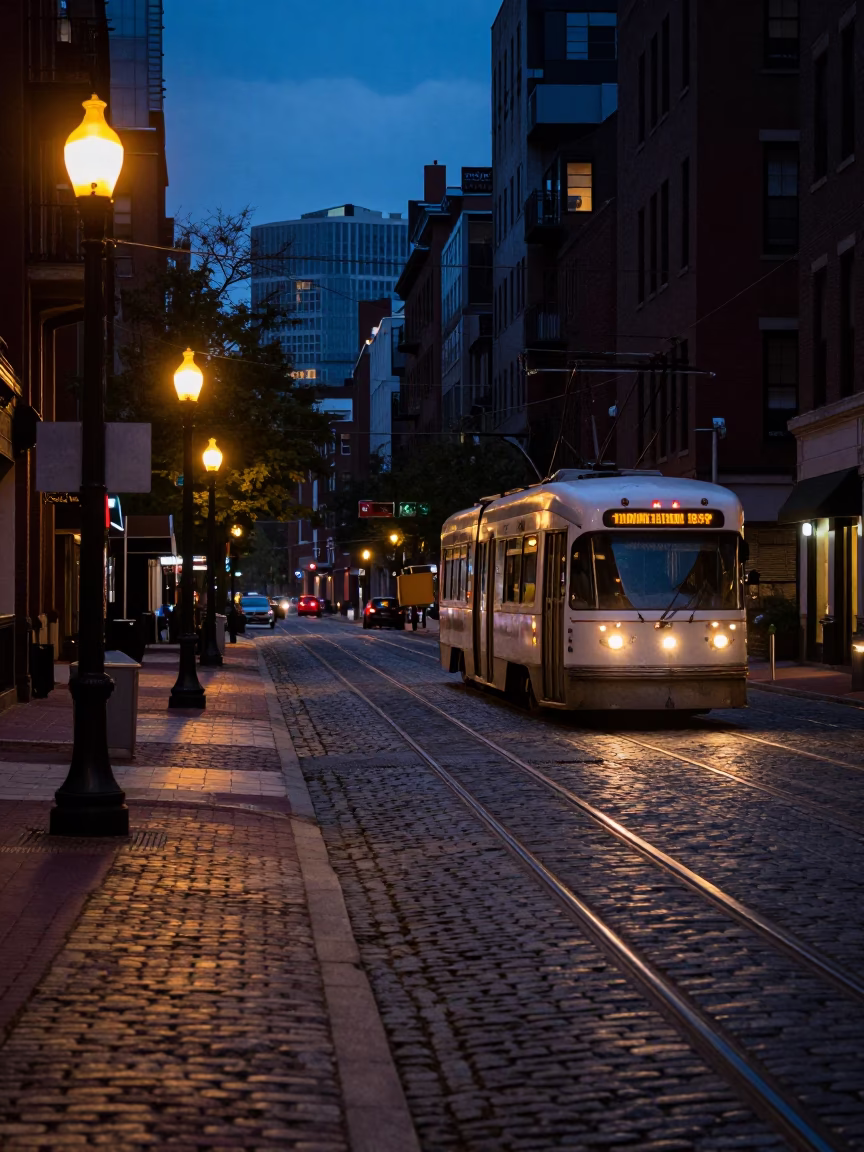 Predawn Boston Street Scene with Tramcar and Quiet Urban Architecture in in Boston, Massachusetts, United States