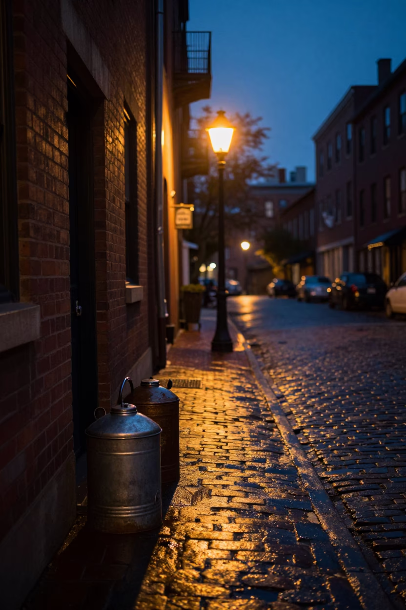 Predawn Boston Street Scene with Vintage Canisters and Quiet Urban Stillness in in Boston, Massachusetts, United States
