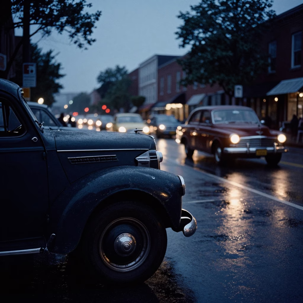 Predawn Boston Street Scene with Vintage Car and Dented Metal Rim in in Boston, Massachusetts, United States