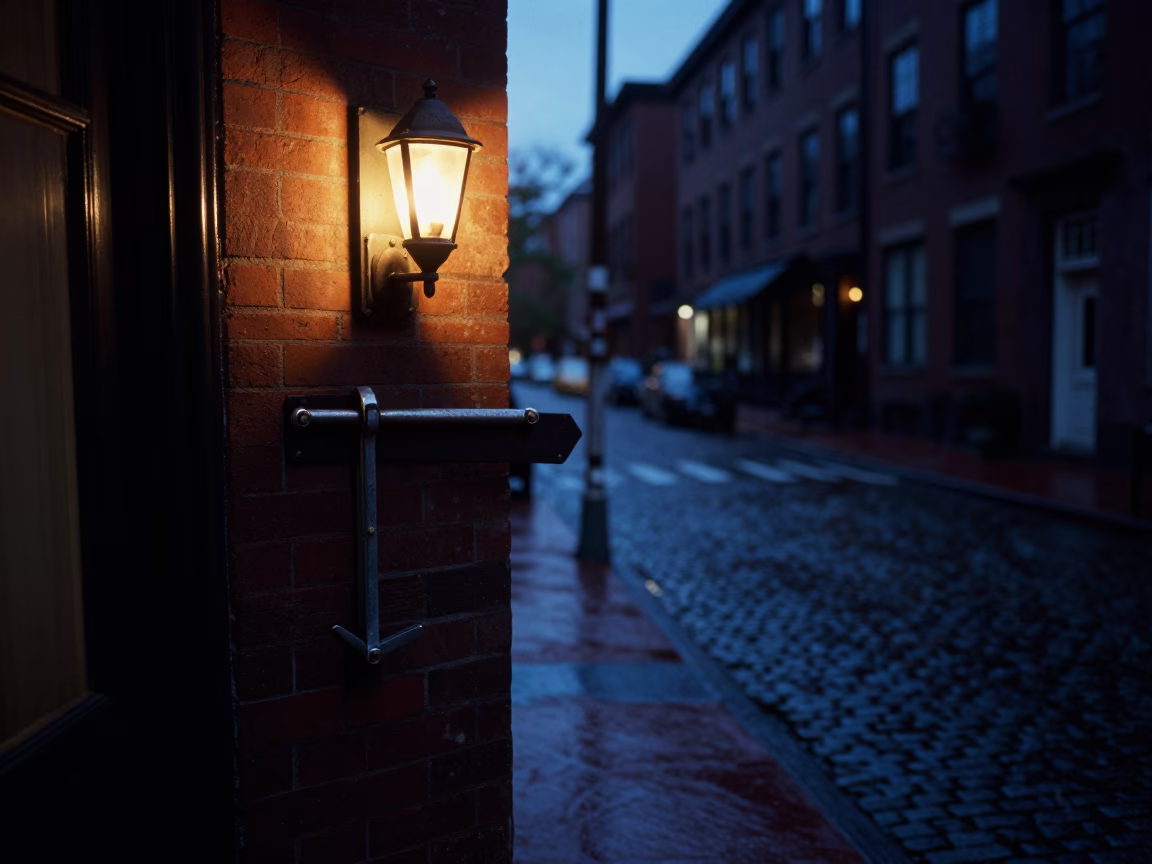 Predawn Boston Street Scene with Vintage Door Latch and Wall Sconce in in Boston, Massachusetts, United States