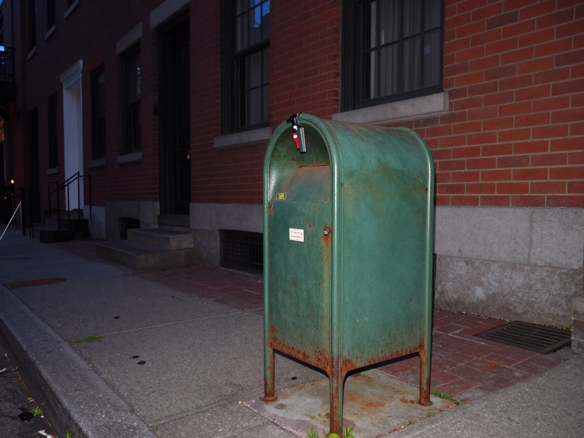 Predawn Boston Street Scene with Vintage Mailbox and Brick Architecture in in Boston, Massachusetts, United States