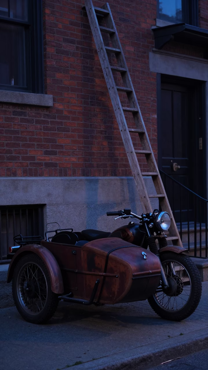 Predawn Boston Street Scene with Vintage Motorcycle and Wooden Ladder Near Harbor in in Boston, Massachusetts, United States