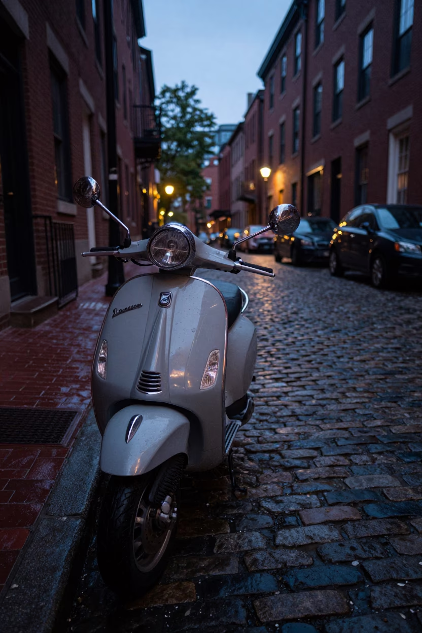 Predawn Boston Street Scene with Vintage Vespa on Cobblestone Lane in in Boston, Massachusetts, United States