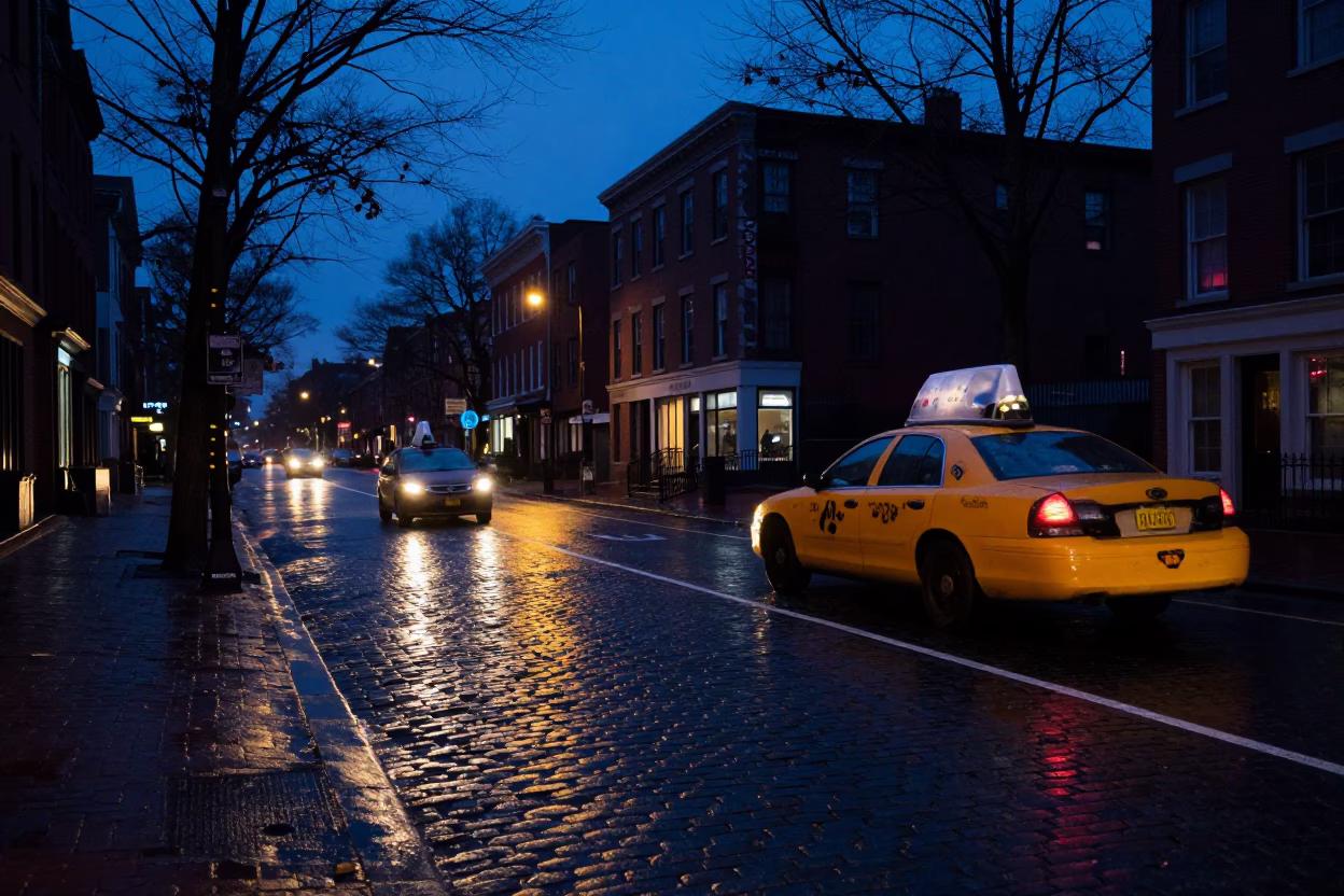 Predawn Boston Street Scene with Yellow Taxi and Wet Cobblestones in in Boston, Massachusetts, United States