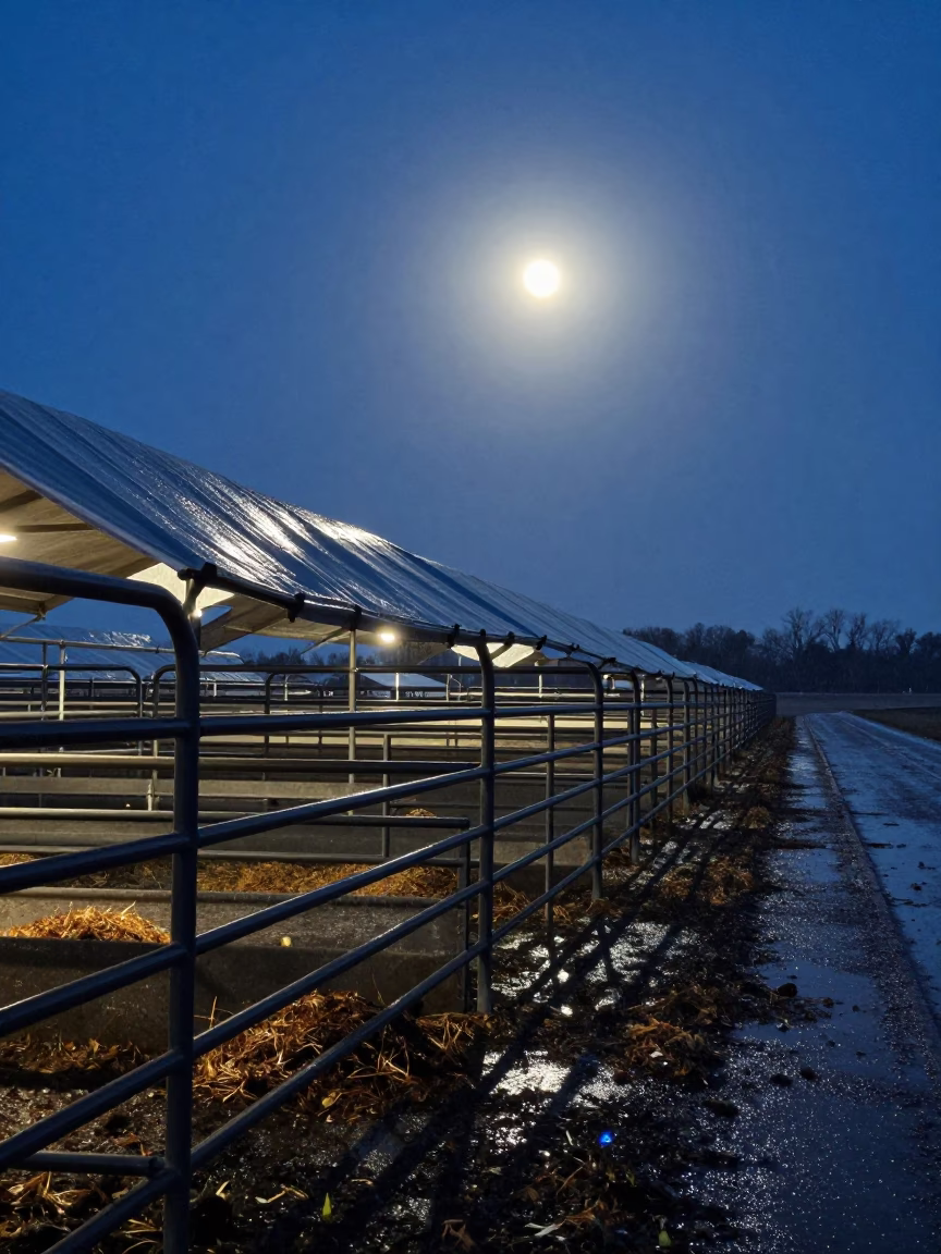 Predawn Branding Chute Under Tarps in Rainy Indiana in along a feedlot lane in Indiana