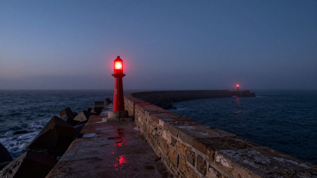 Predawn Breakwater Beacon Blinking Through Sea Mist in Essaouira Morocco Before Sunrise in in Essaouira, Morocco