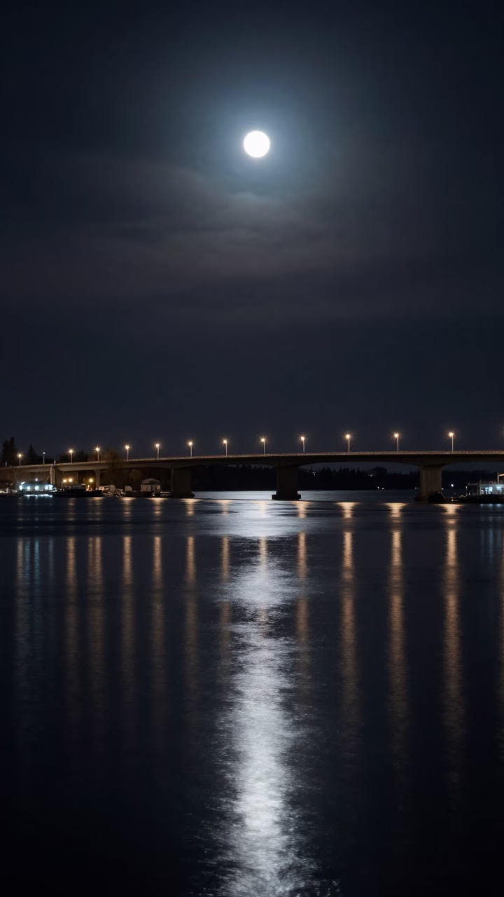 Predawn Bridge Lights Trembling on Quebec Harbor Water in beside a lantern-dotted harbor in Quebec