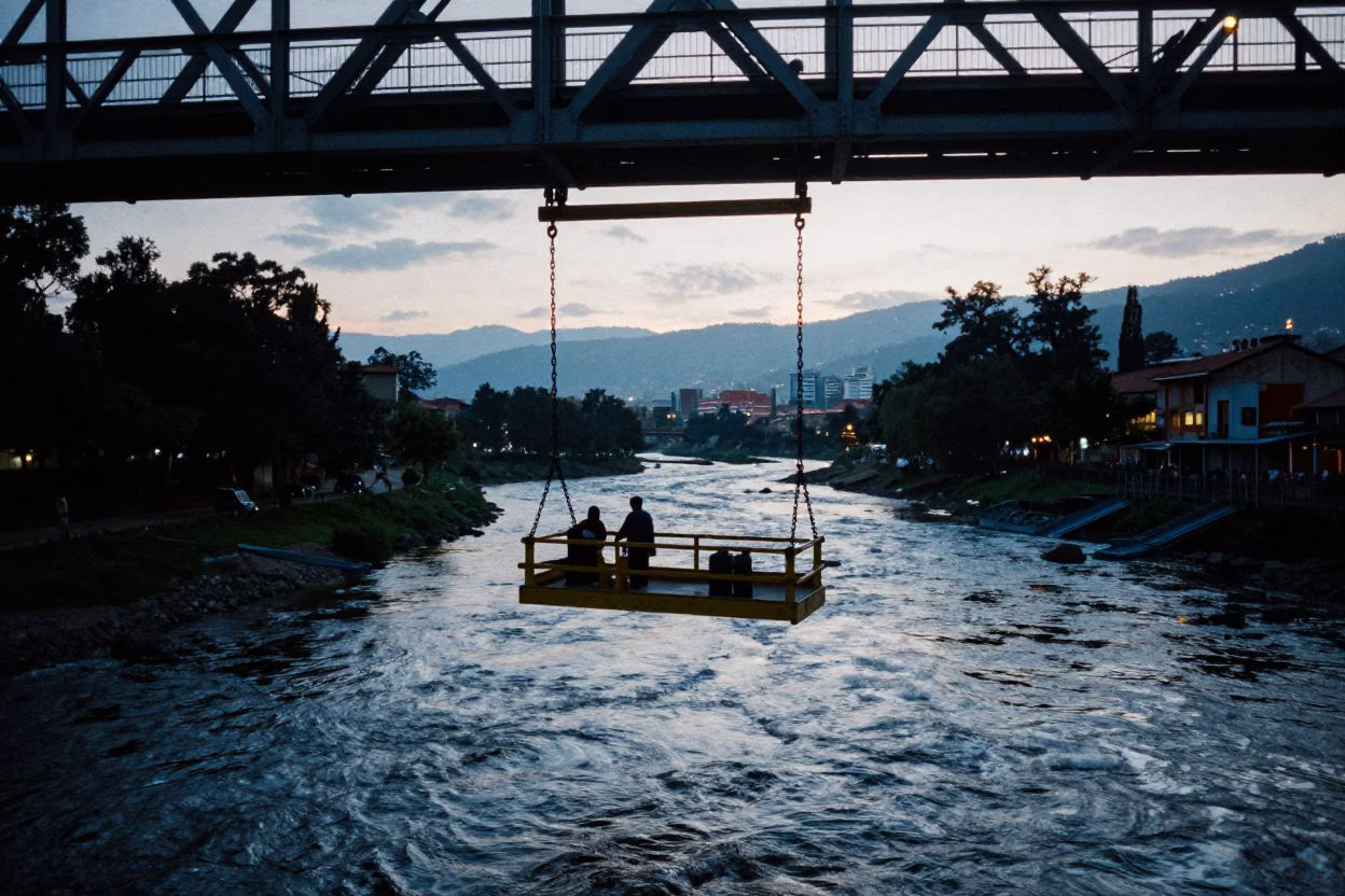 Predawn Bridge Maintenance Cradle Hanging Over Cold River Water in Medellin Colombia in in Medellin, Colombia