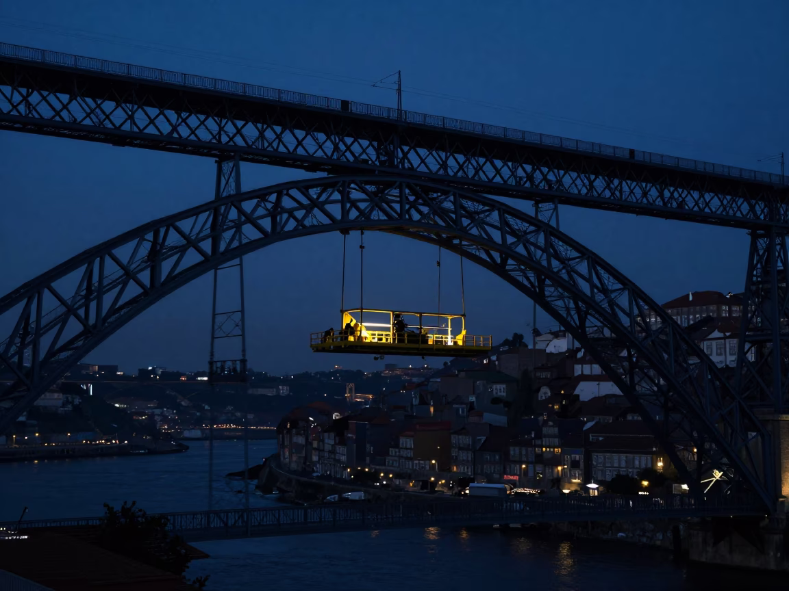 Predawn Bridge Maintenance Cradle Over Douro River in Porto Portugal in in Porto, Portugal