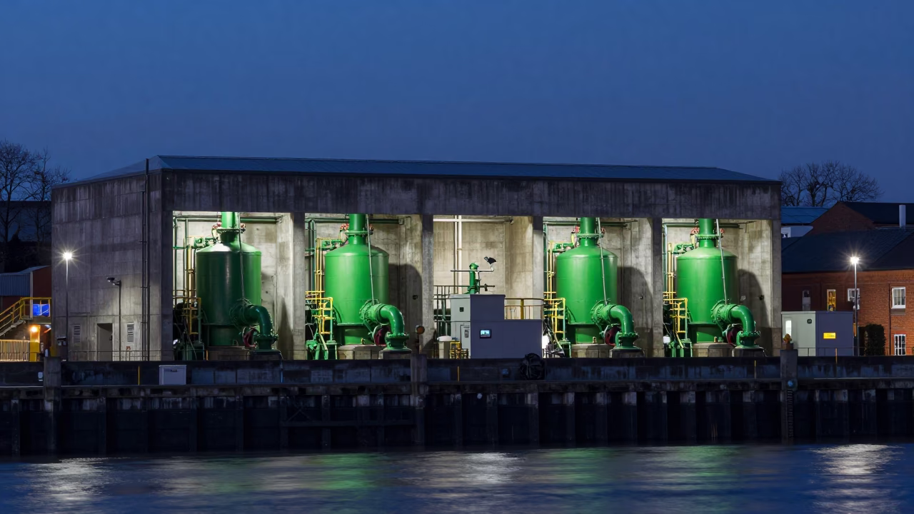 Predawn Bristol Sewage Pumping Station Green Pumps and River Floodwater in in Bristol, United Kingdom