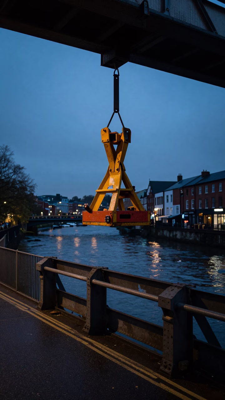 Predawn Bristol Street Scene with Bridge Maintenance Cradle and Charcoal Sketchbook in in Bristol, United Kingdom