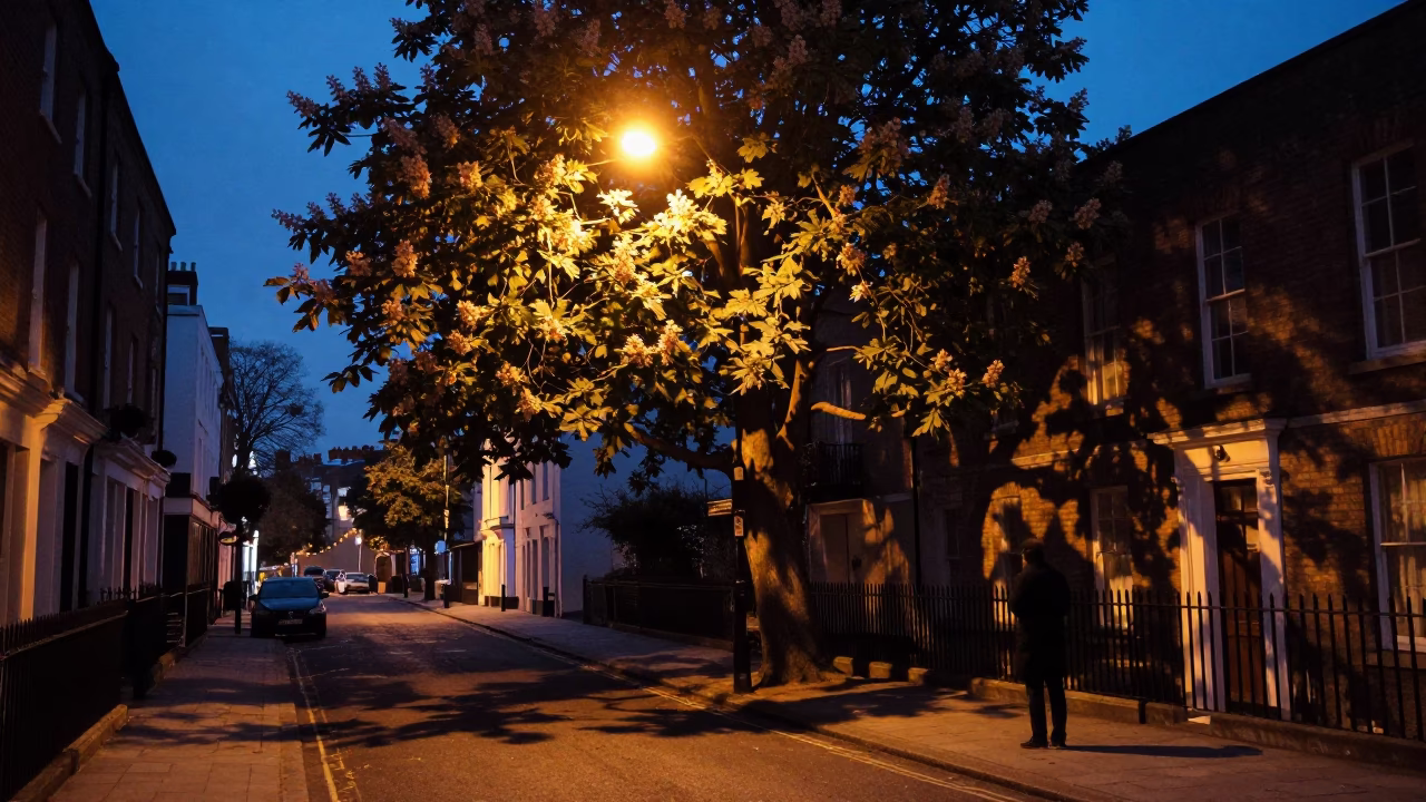 Predawn Bristol Street Scene with Chestnut Tree and Match Striker in in Bristol, United Kingdom