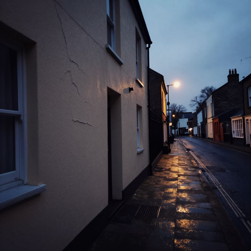 Predawn Bristol street scene with cracked stucco and storm drain outfall in in Bristol, United Kingdom