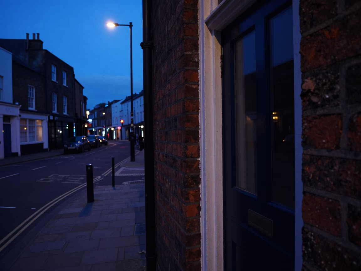 Predawn Bristol Street Scene with Doorframe and Urban Reflections in in Bristol, United Kingdom