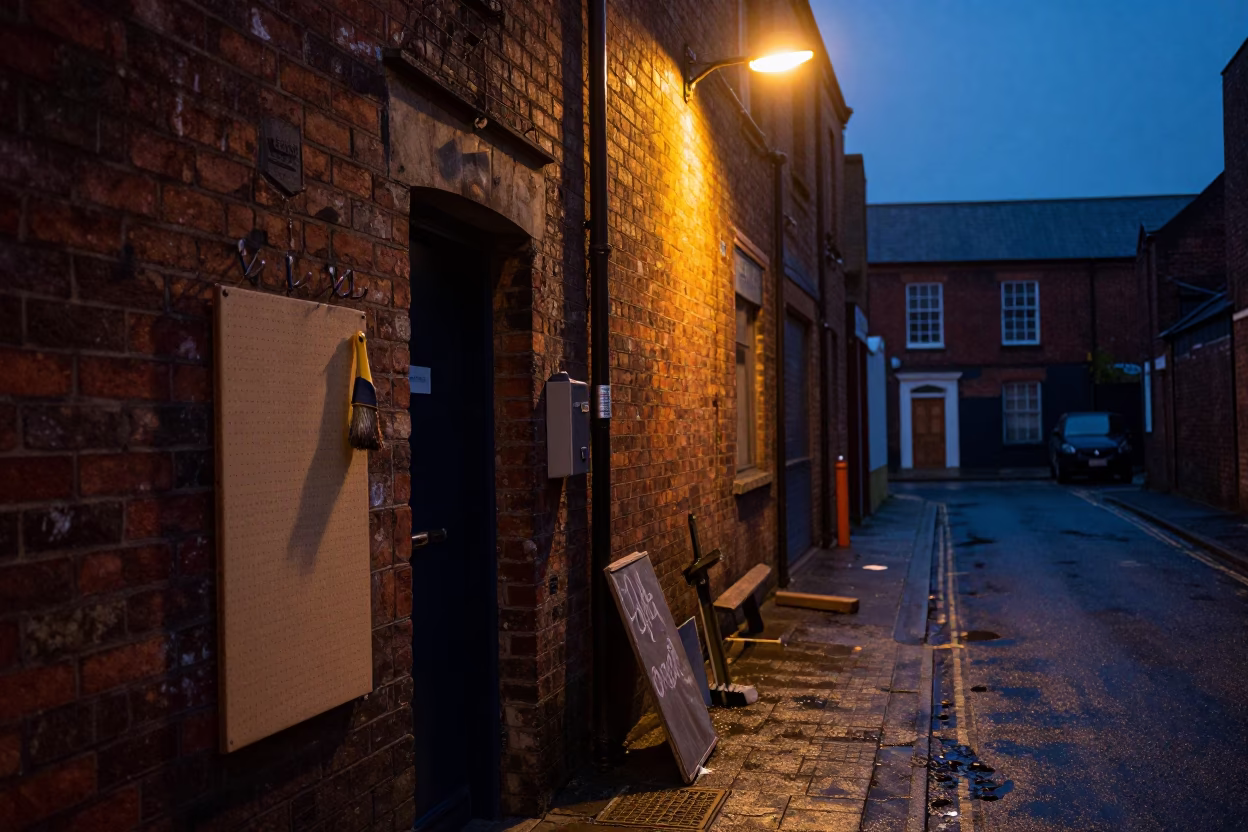 Predawn Bristol Street Scene with Pegboard Hook and Brushed Steel Frame Elements in in Bristol, United Kingdom