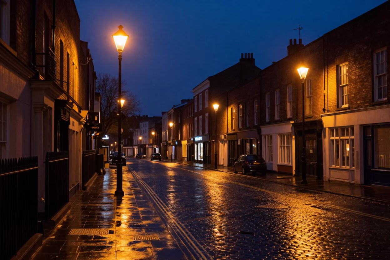 Predawn Bristol Street Scene with Streetlights and Wet Pavement Reflections in in Bristol, United Kingdom