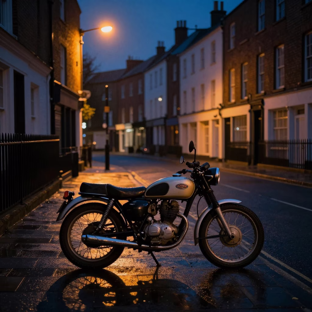 Predawn Bristol Street Scene with Vintage Motorcycle and Wet Pavement Reflections in in Bristol, United Kingdom