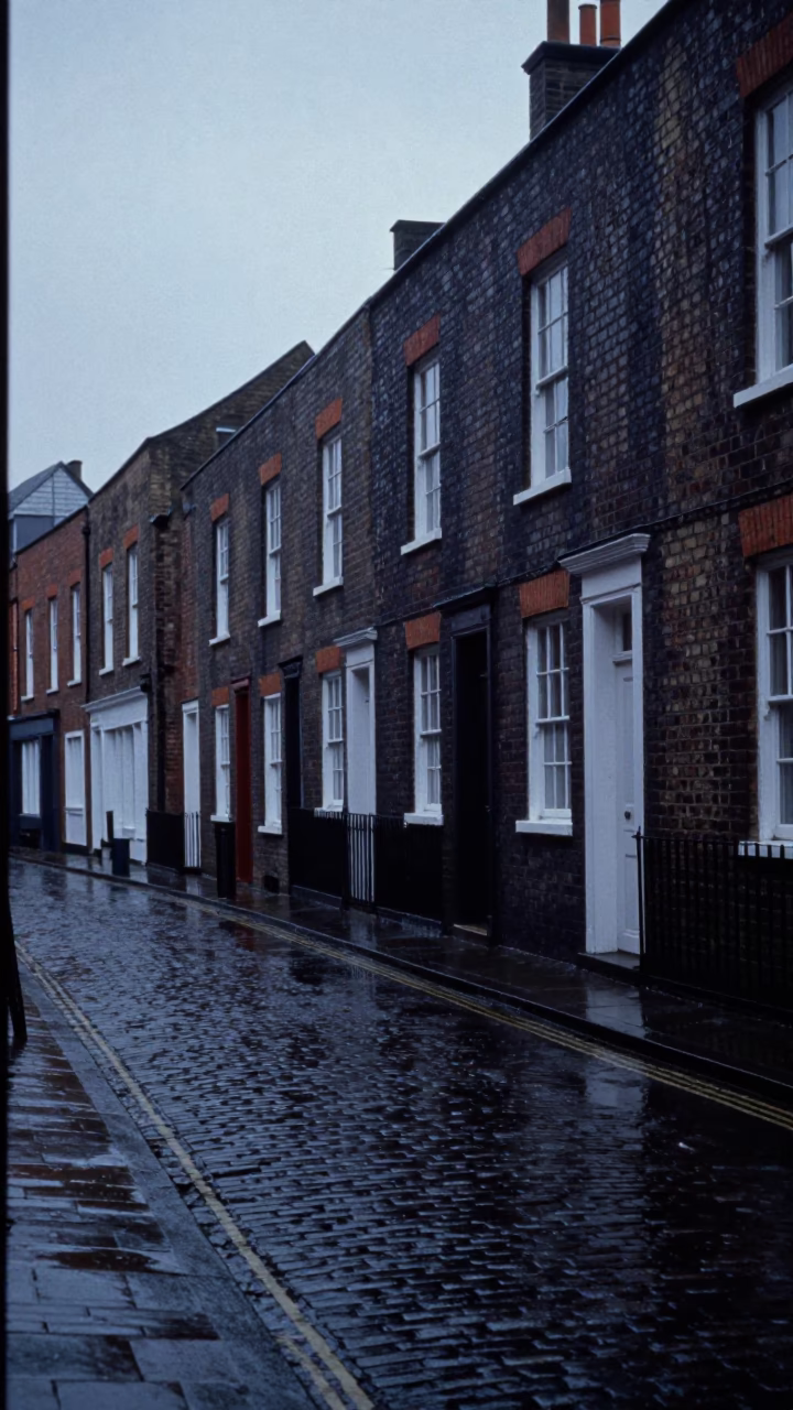 Predawn Bristol Street Scene with Wet Brick Buildings and Vintage Gas Pipeline Marker in in Bristol, United Kingdom