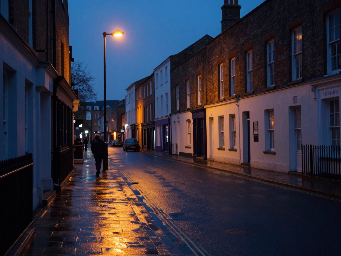 Predawn Bristol Street Scene with Wet Pavement and Vintage Streetlamp Glow in in Bristol, United Kingdom