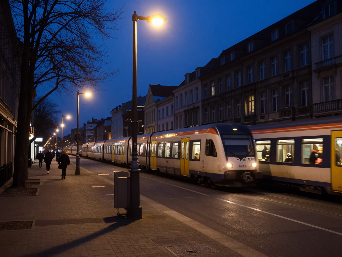 Predawn Brussels Belgium Street Scene with Commuter Train and Morning Activity in in Brussels, Belgium