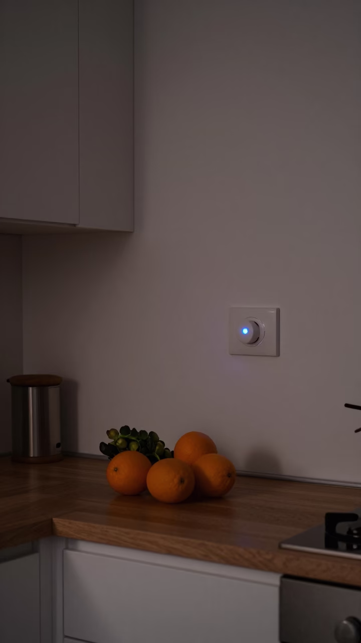 Predawn Brussels Kitchen Scene with Nightlight and Oranges on Shelves in in Brussels, Belgium