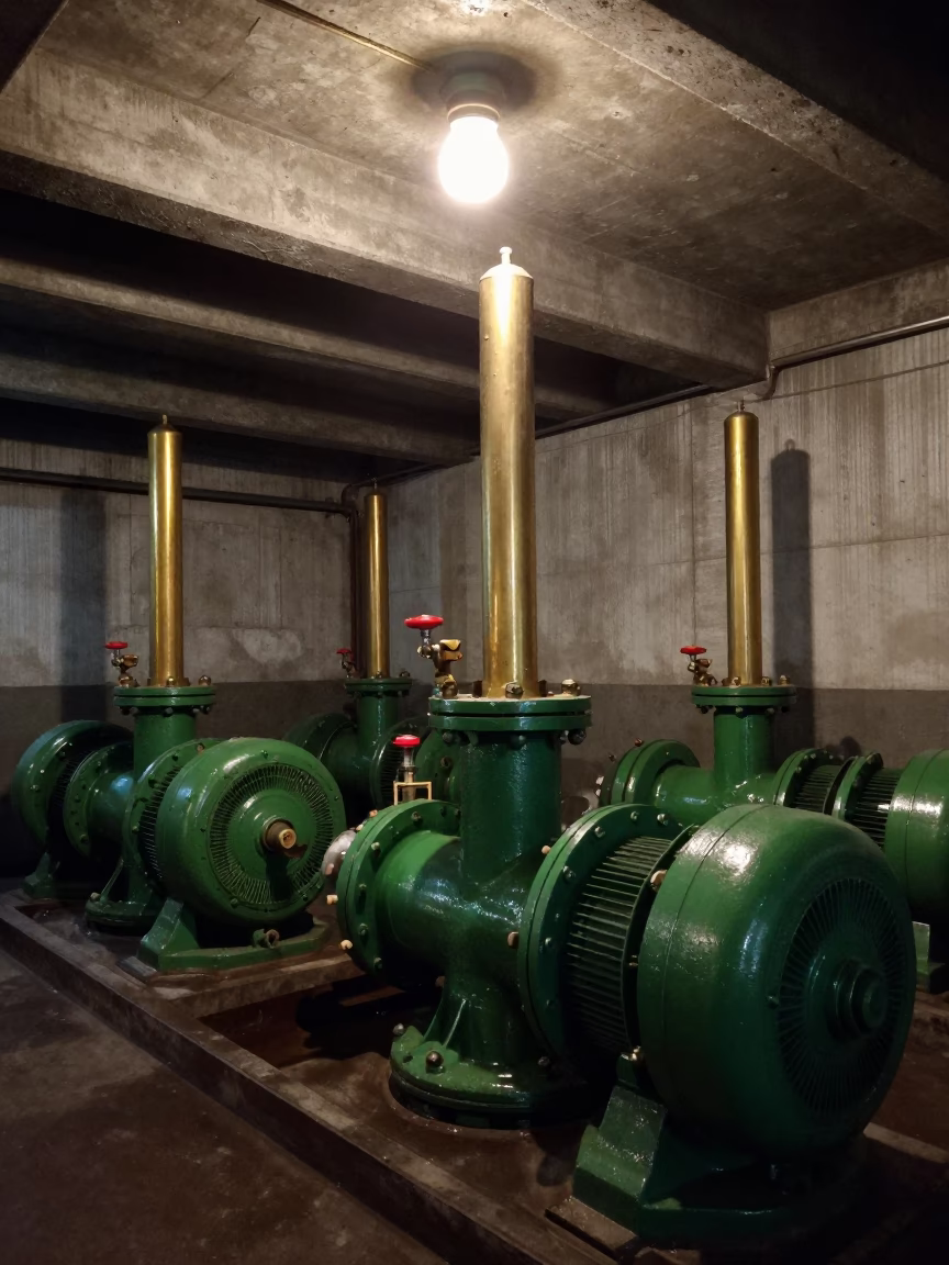 Predawn Brussels Sewage Station with Polished Brass and Steam in 1960s Belgium in in Brussels, Belgium