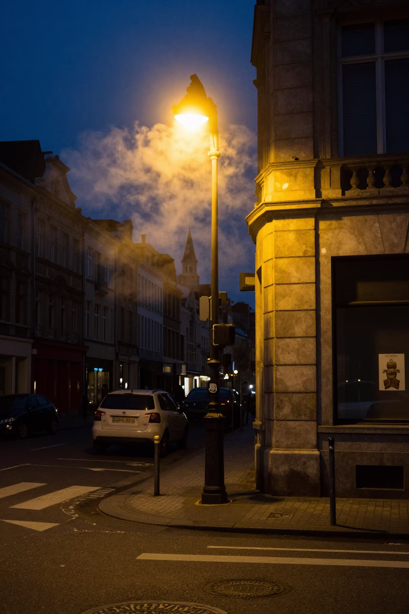 Predawn Brussels Street Corner with Steam and Urban Details in 1990s Realism in in Brussels, Belgium