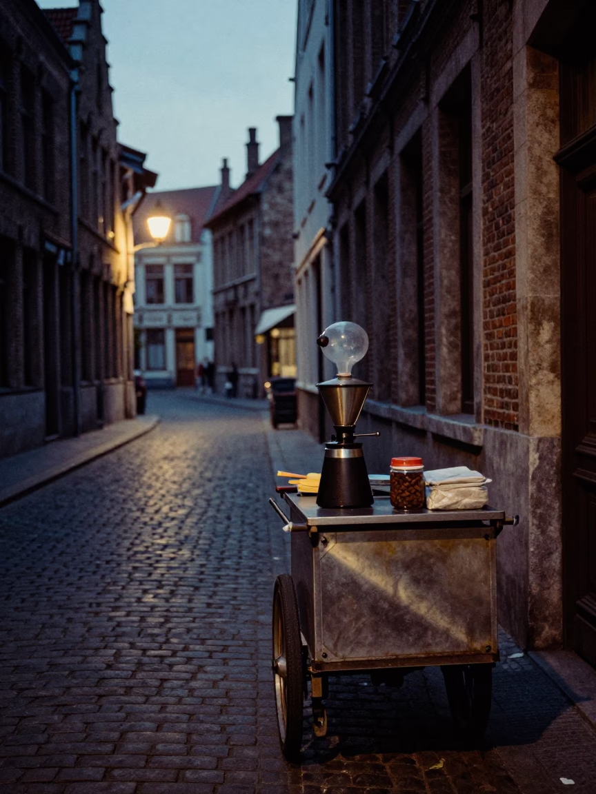 Predawn Brussels street scene with coffee grinder and jar on wet pavement in in Brussels, Belgium