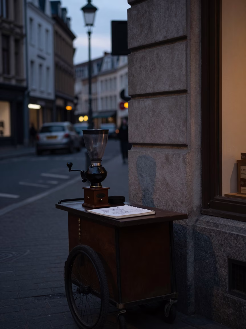 Predawn Brussels Street Scene with Coffee Grinder and Sketchbook in in Brussels, Belgium