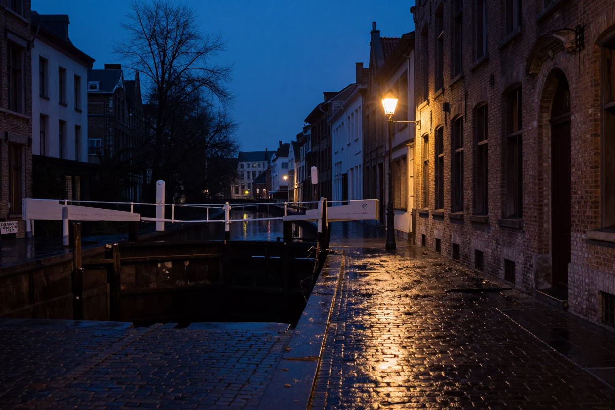 Predawn Brussels Street Scene with Crumbling Canal Lock and Wooden Gates in Darkness in in Brussels, Belgium