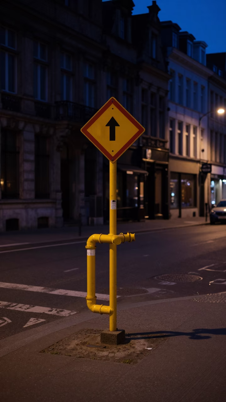 Predawn Brussels Street Scene with Gas Pipeline Marker and Urban Details in in Brussels, Belgium