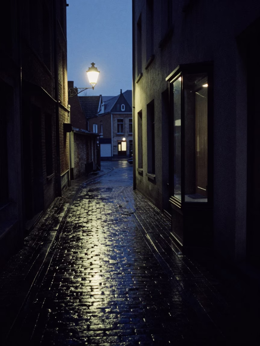 Predawn Brussels Street Scene with Glass Cabinet Door and Serving Spoon in in Brussels, Belgium