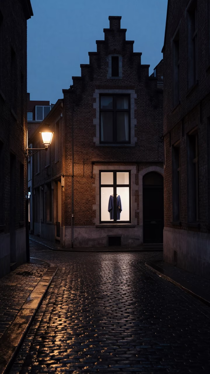Predawn Brussels Street Scene with Graduation Gown Hanging in Window in in Brussels, Belgium