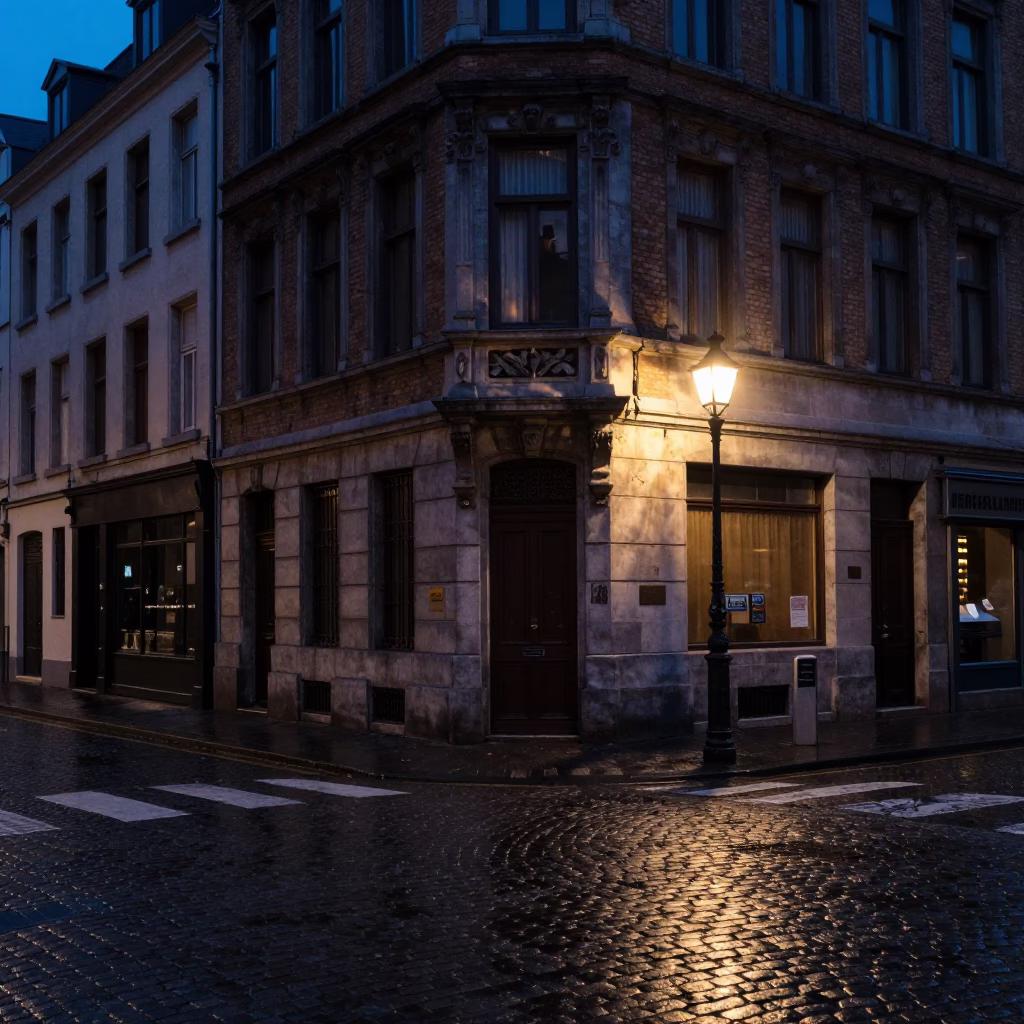 Predawn Brussels Street Scene with Leaf Shadows on Sill Edge and Quiet Morning Ambience in in Brussels, Belgium