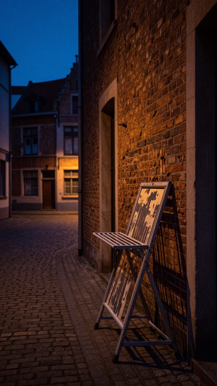 Predawn Brussels Street Scene with Scuffed Painted Wood and Drying Rack in in Brussels, Belgium