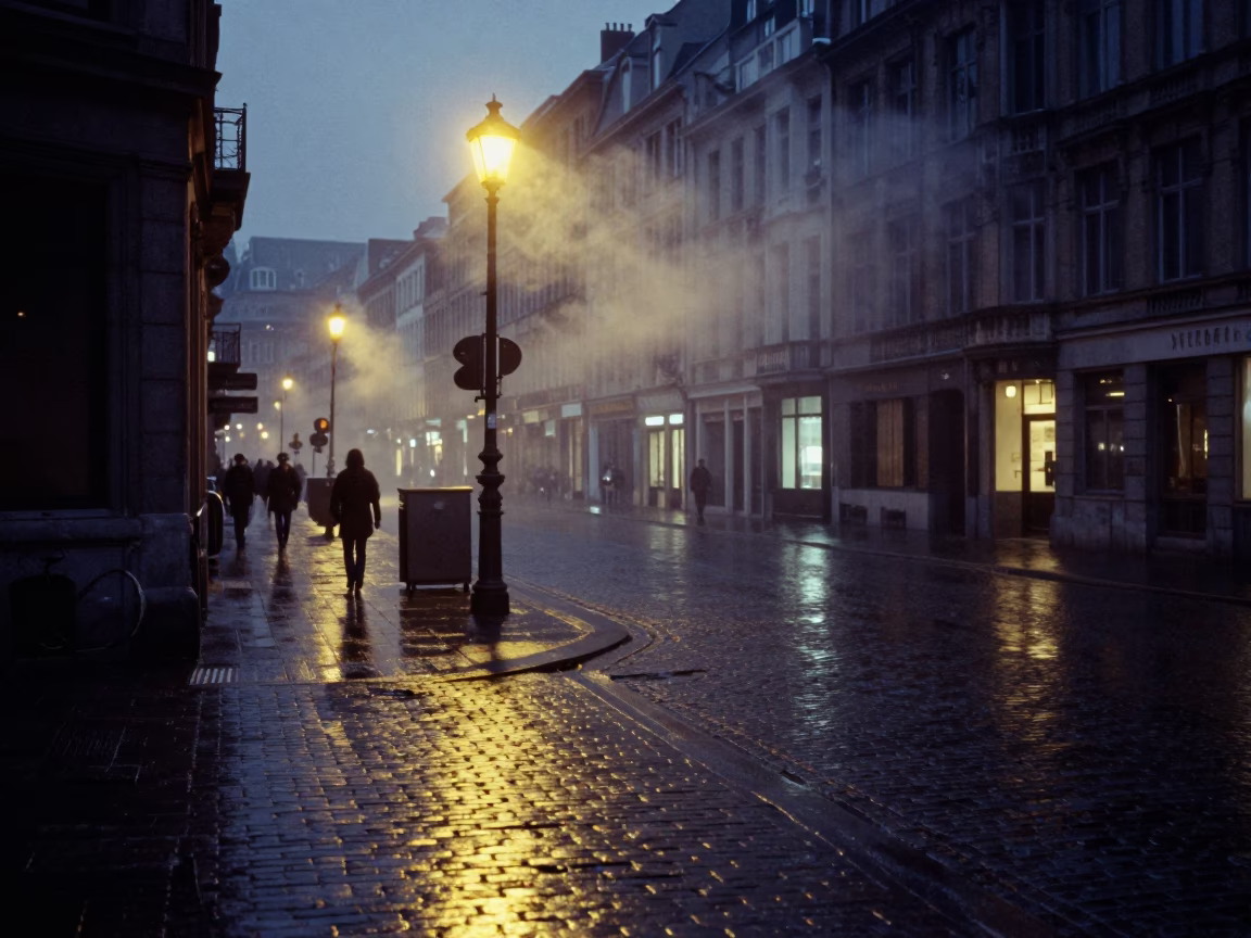 Predawn Brussels Street Scene with Steam and Urban Reflections in in Brussels, Belgium