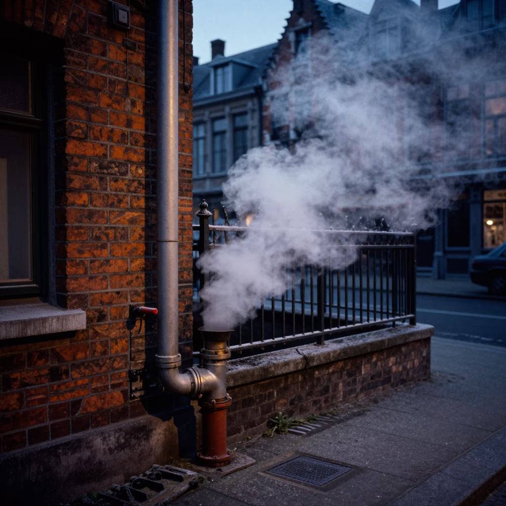Predawn Brussels Street Scene with Steaming Heating Pipe and Frosty Urban Details in in Brussels, Belgium