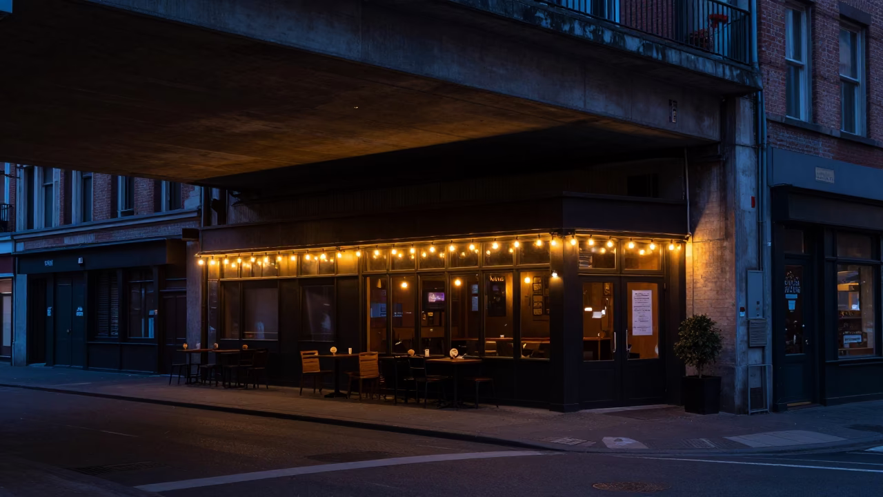 Predawn Brussels Street Scene with Underpass Shadows and String Lights in in Brussels, Belgium