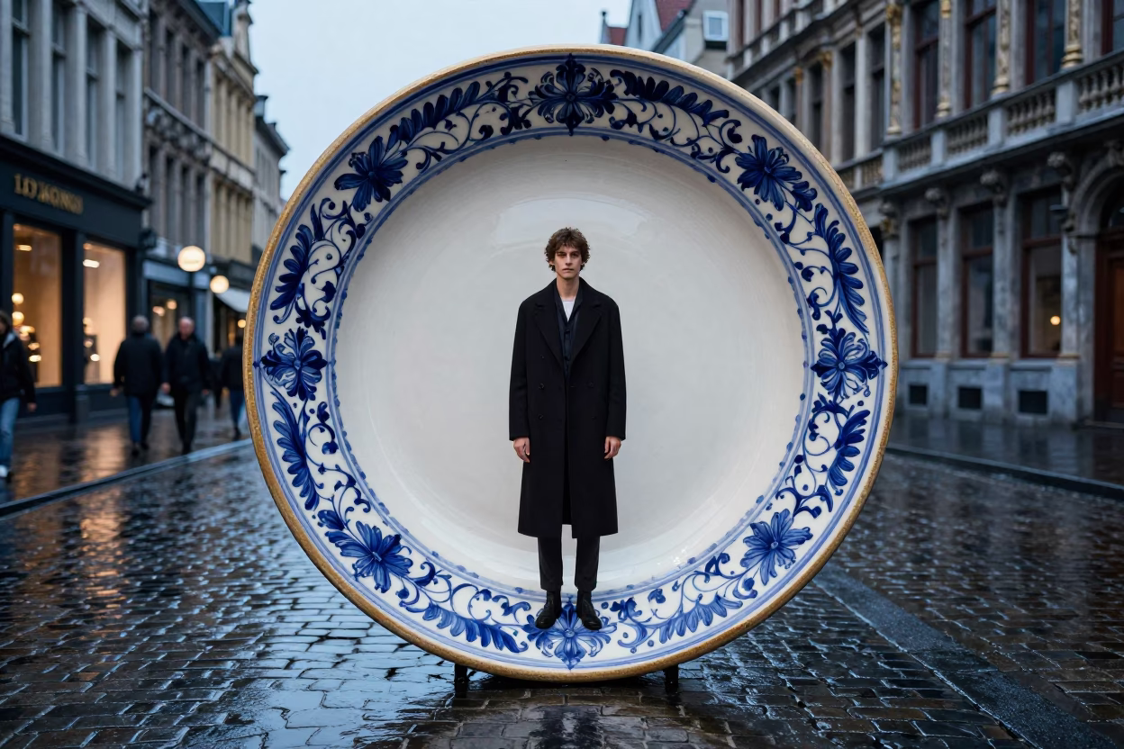 Predawn Brussels Street Scene with Vintage Italian Majolica Plate and Urban Solitude in in Brussels, Belgium