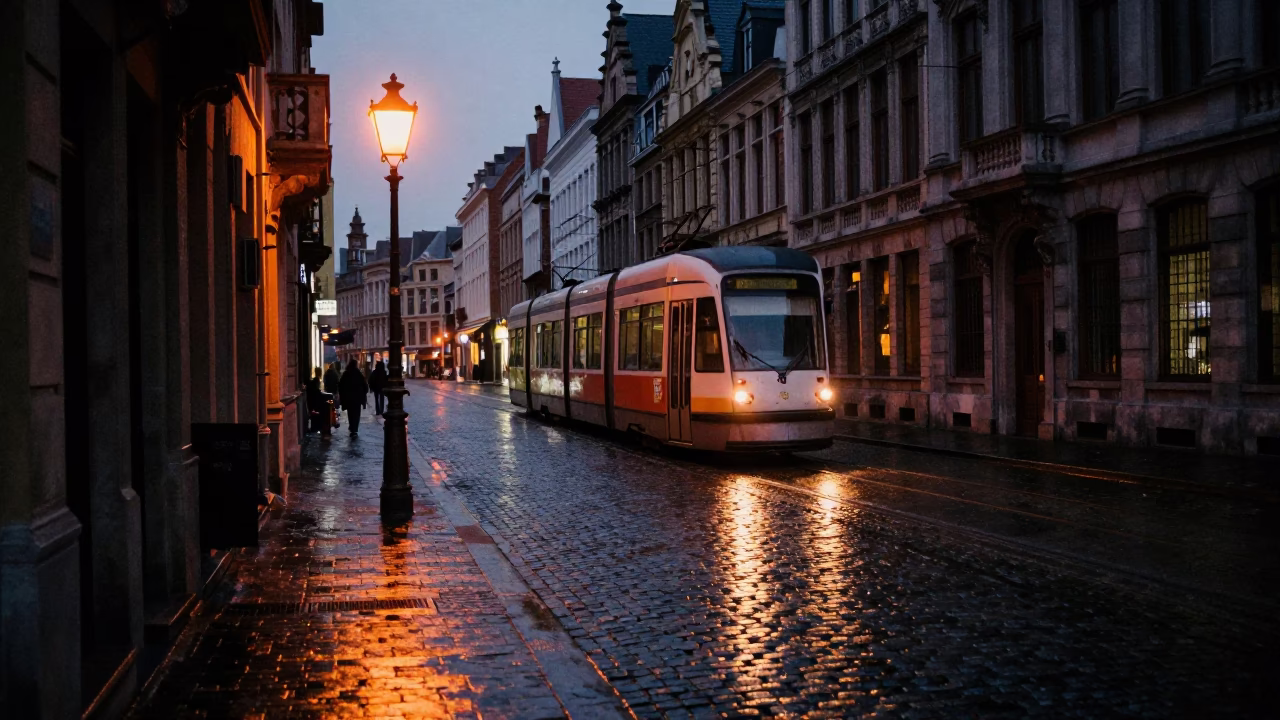 Predawn Brussels Street Scene with Vintage Tram and Cobblestone Alley in 1970s Belgium in in Brussels, Belgium