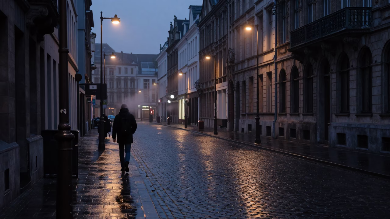 Predawn Brussels Street Scene with Wet Cobblestones and Dim Streetlights in in Brussels, Belgium