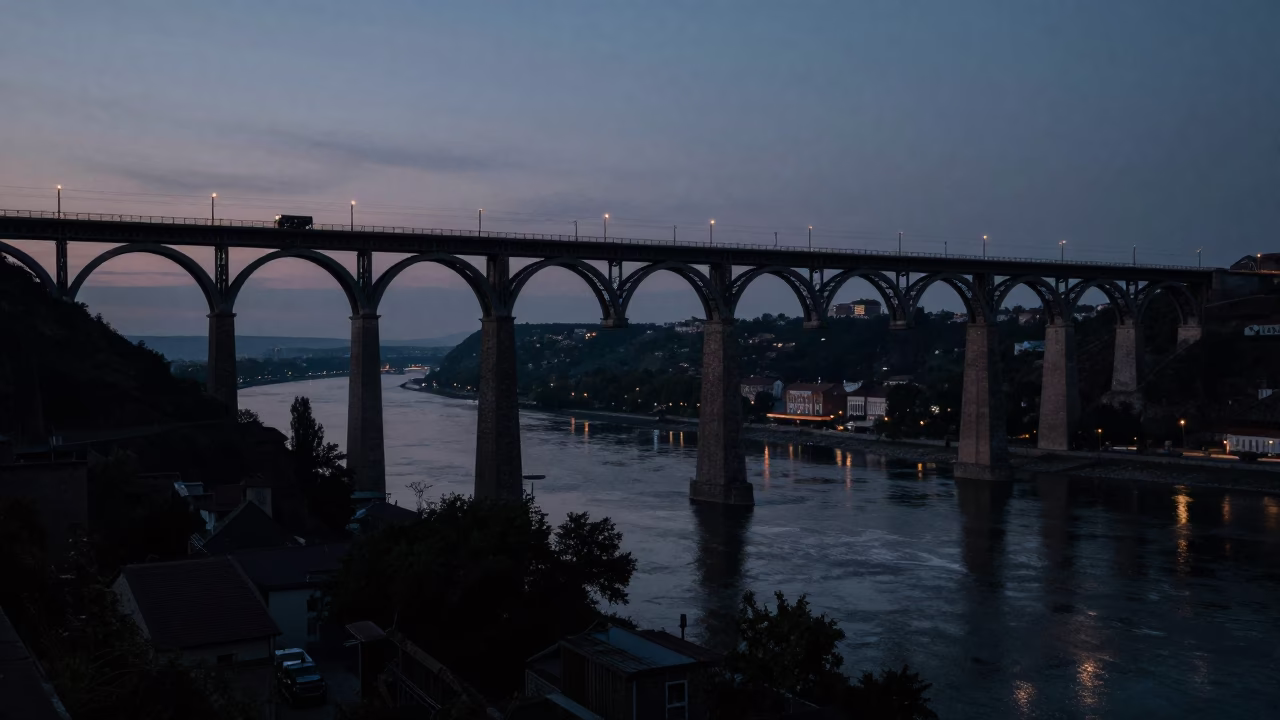 Predawn Budapest Railway Viaduct Arches Spanning Danube Valley with Cement Mixer in in Budapest, Hungary